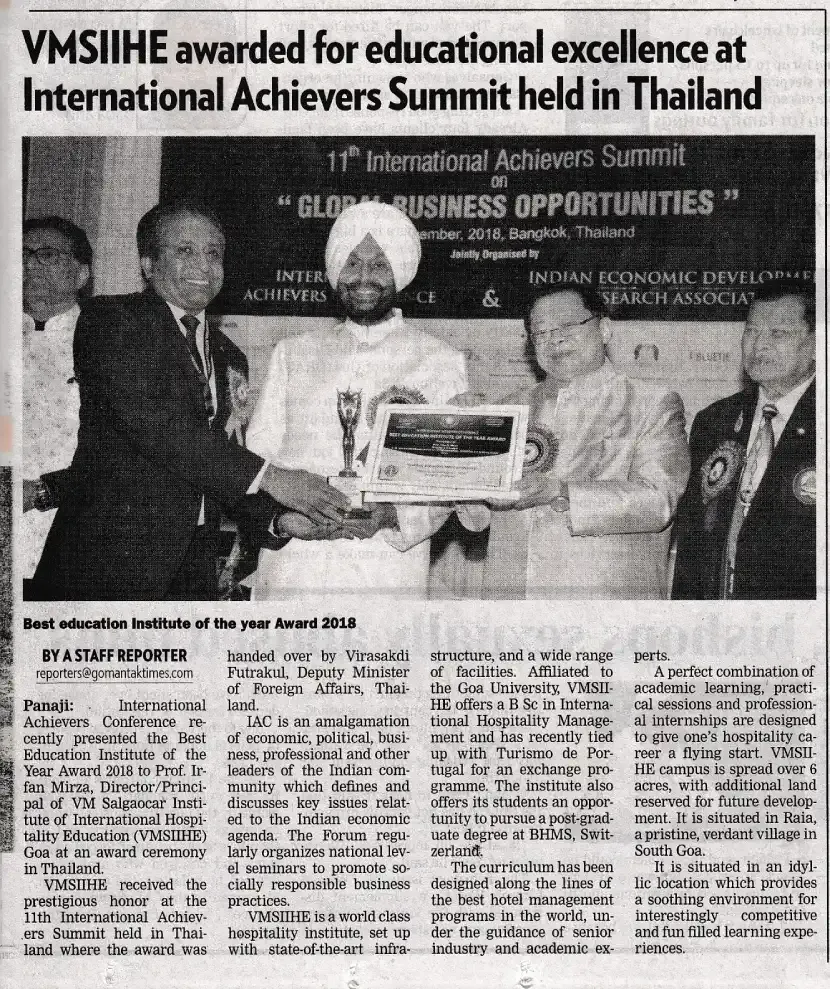 VMSIIHE -Hospitality College India-News