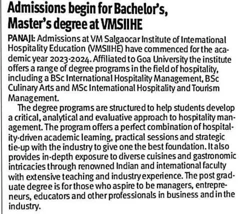 VMSIIHE -Top Hospitality College in Goa, India-News