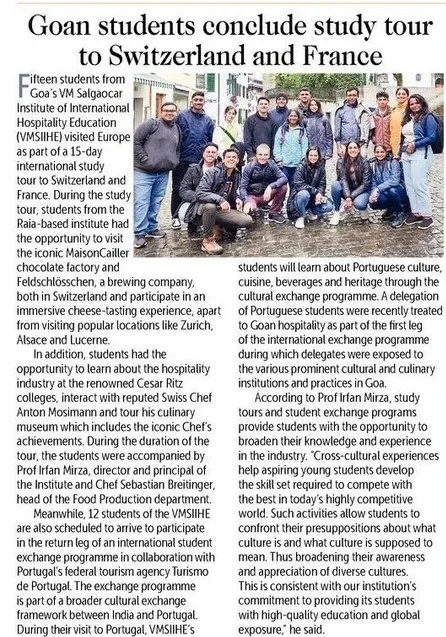 VMSIIHE -Hospitality College in Goa, India-News