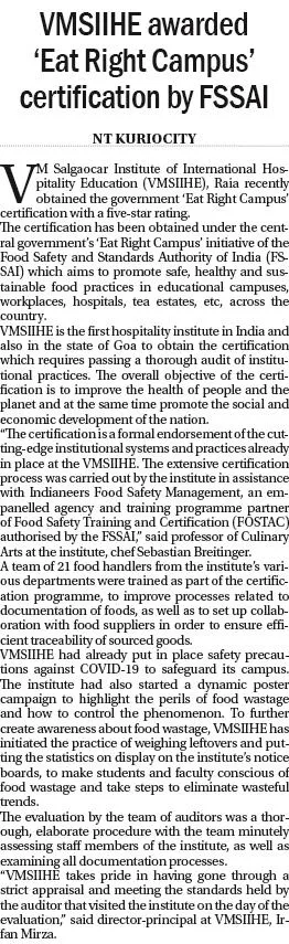 VMSIIHE -Top Hospitality College in Goa, India-News