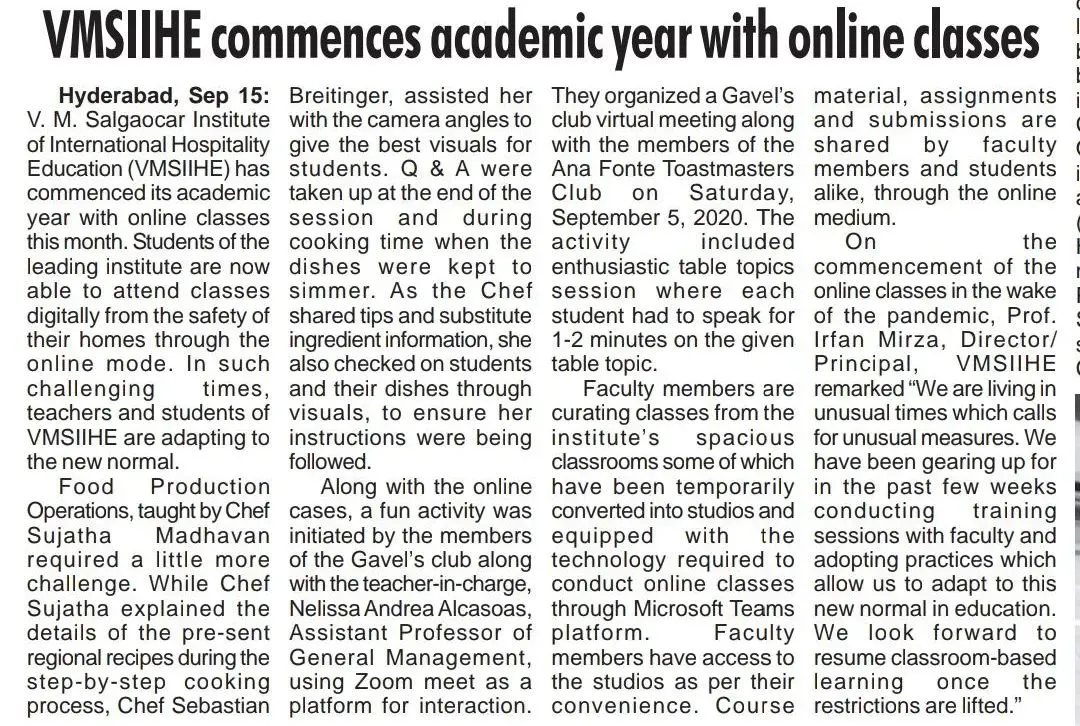 VMSIIHE -Top Hospitality College in Goa, India-News