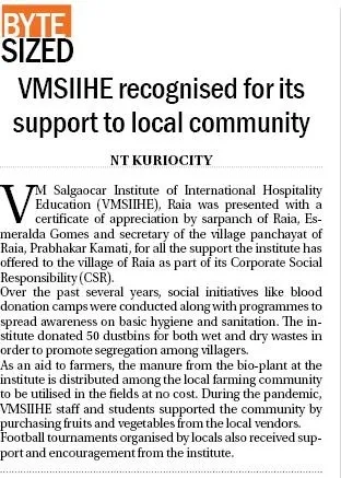 VMSIIHE -Hospitality College India-News