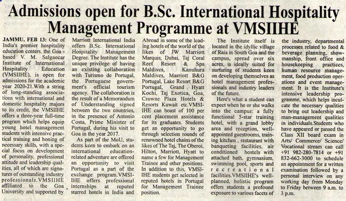 VMSIIHE -Top Hospitality College in Goa, India-News
