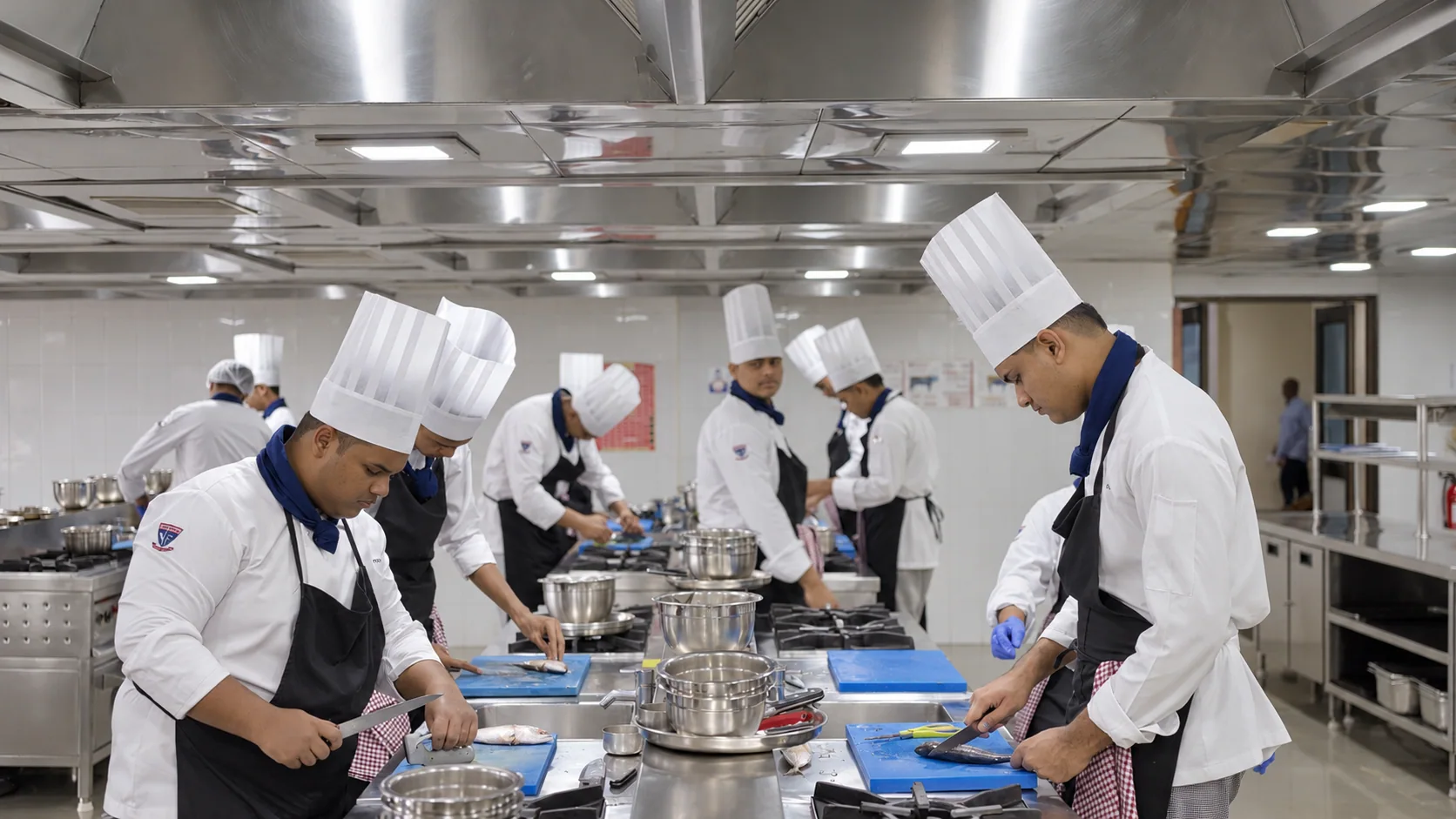 Culinary students preparing fish in a teaching kitchen