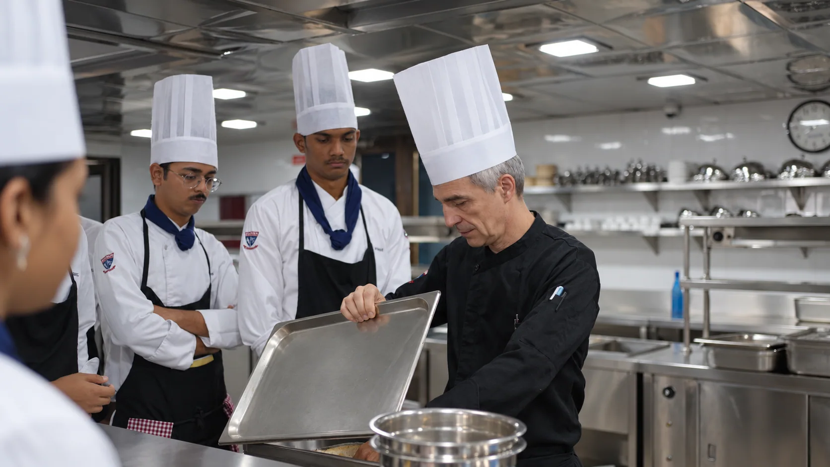 Chef demonstrating a practical lesson in the training kitchen
