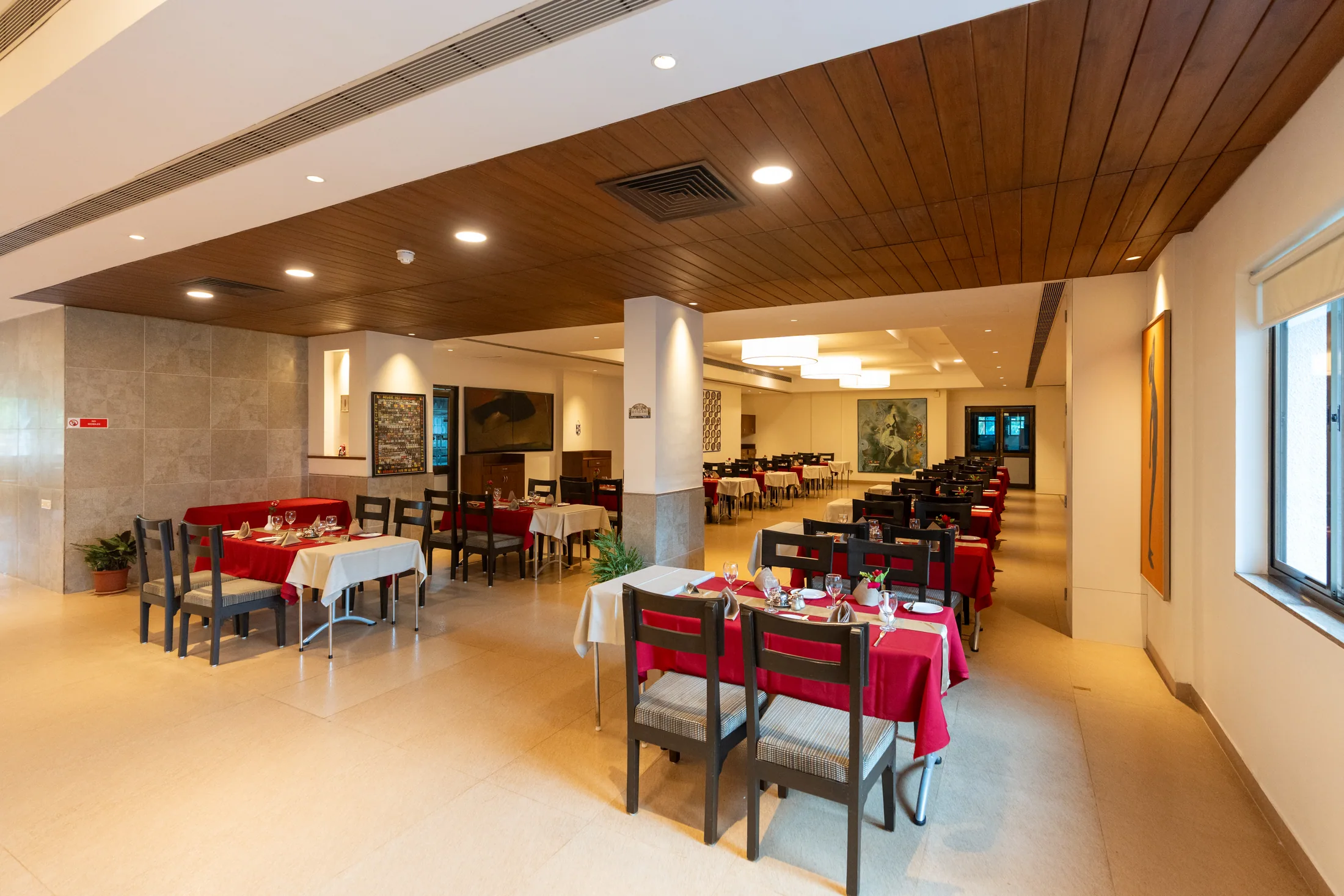 Restaurant dining room set for service
