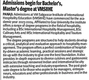 VMSIIHE -Top Hospitality College in Goa, India-News